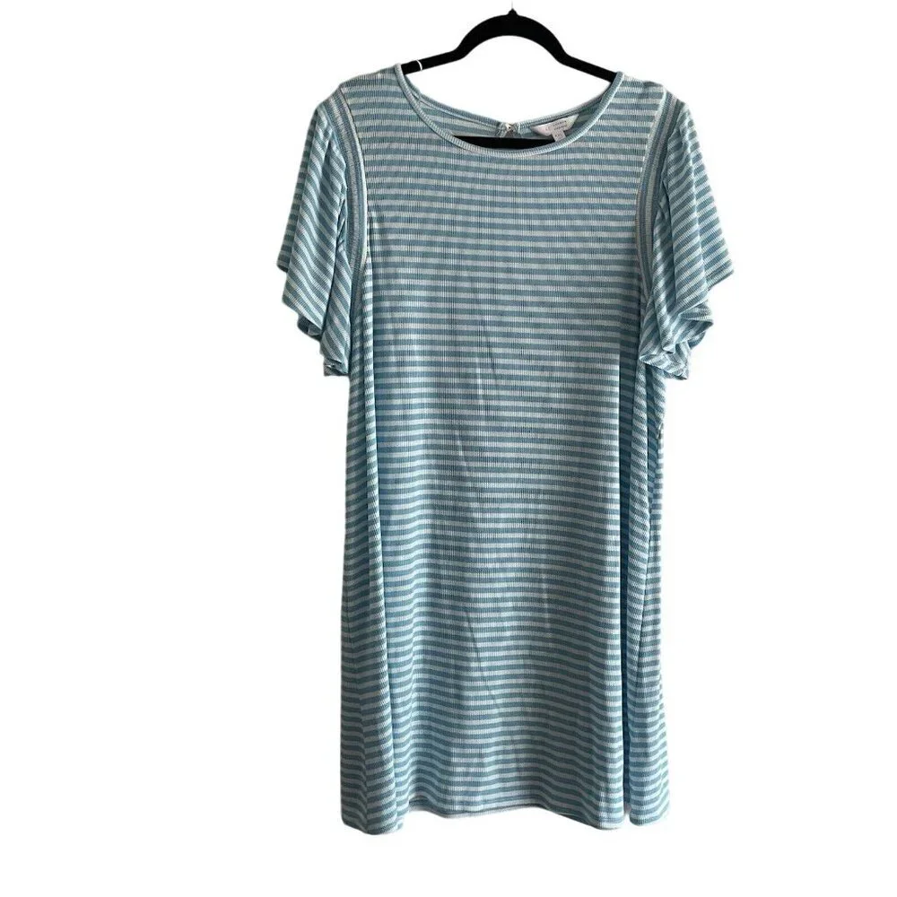 LC Lauren Conrad Women Plus XXL Blue/White Striped Short Sleeve Shift Dress - Picture 2 of 11